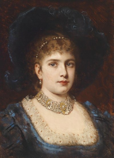 Portrait of a Lady in a Blue Dress with a Hat by Anton Ebert